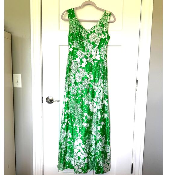 Vintage Waltah Clarkes Hawaiian Floral Maxi Dress‎ Green White Size 12 Neck - Picture 2 of 10